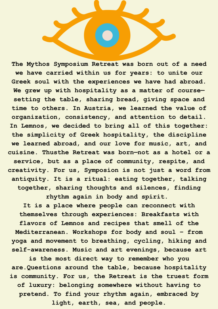 Mythos Home Limnos Island Symposium Retreat Kaspakas Experience tradition food bar coffee brunch nights music events conect Marina Michou Wien Podcast Music Dance HABIT Creative Health Angel